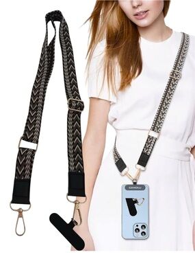 Universal Adjustable Crossbody Phone Lanyard Black Braided Strap Tether Patch